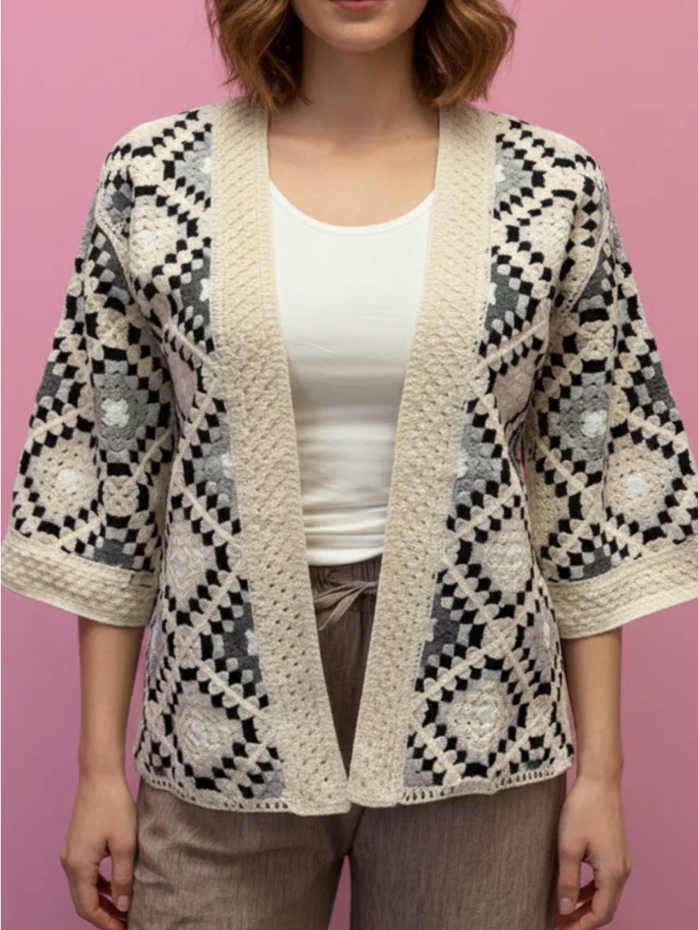 New Cream and Black Open-Front Crochet Summer Cardigan SZ M - Picture 4 of 4
